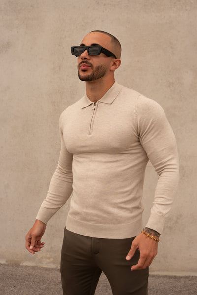 THE ZIPPER POLO KNIT - BEIGE MELANGE