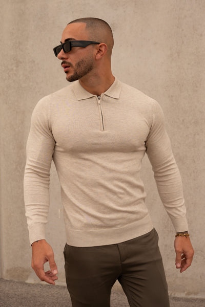 THE ZIPPER POLO KNIT - BEIGE MELANGE